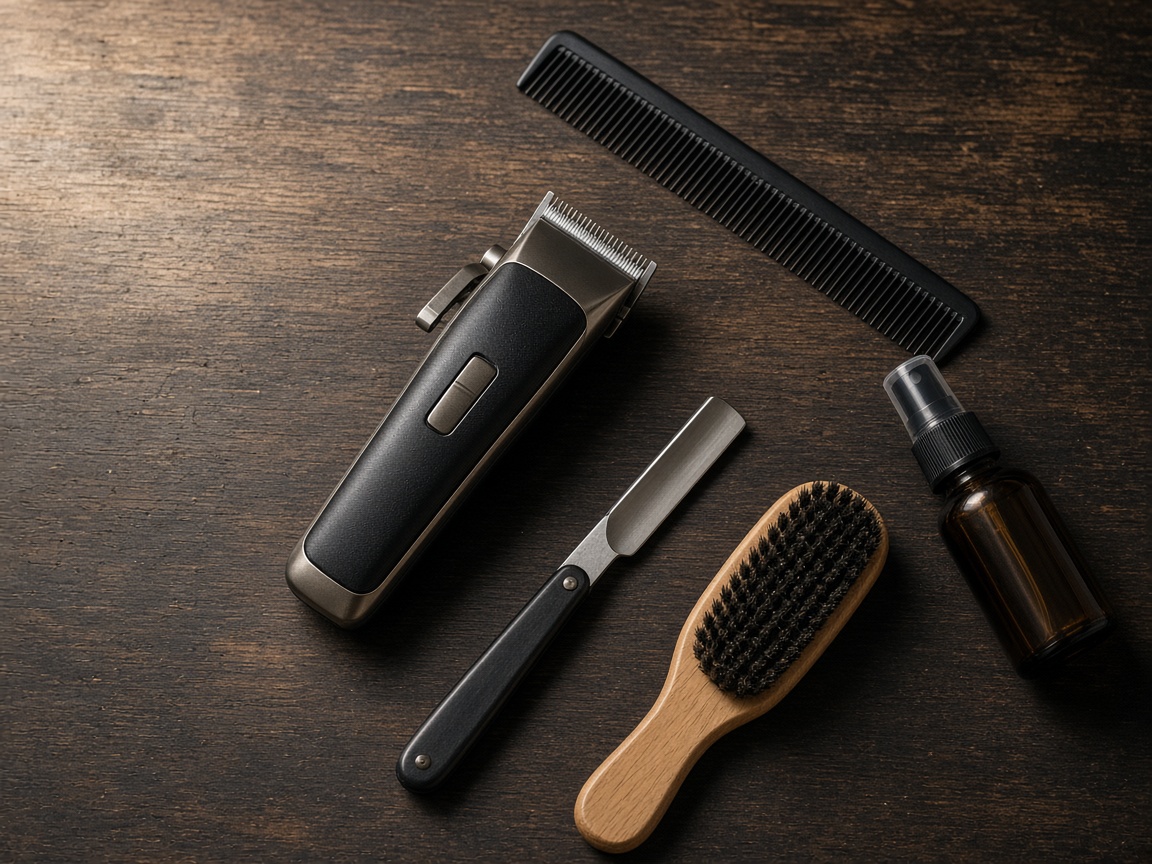 Barber clippers, comb, straight razor, neck brush and spray bottle laid out on a dark wooden counter