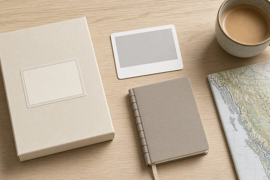 Flat-lay of a plain product box, ID card, notebook, coffee and a map of British Columbia