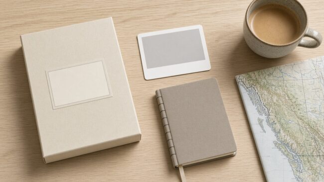 Flat-lay of a plain product box, ID card, notebook, coffee and a map of British Columbia