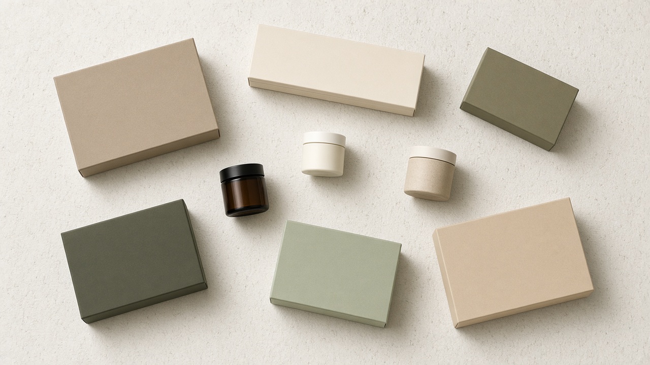 Flat-lay of plain unbranded cannabis product boxes showing the different classes of legal cannabis packaging in Canada