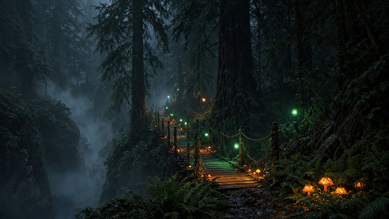 Lantern-lit rainforest suspension bridge in a misty North Shore canyon at Halloween