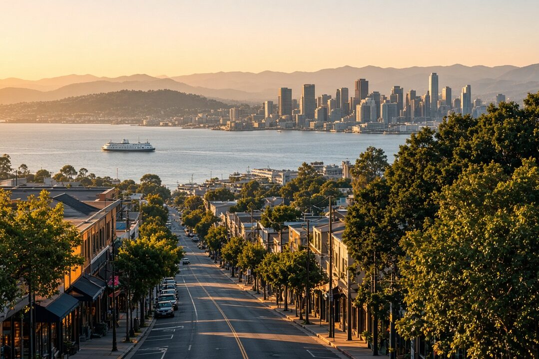 Golden-hour view down Lonsdale Avenue toward the harbour and downtown Vancouver skyline