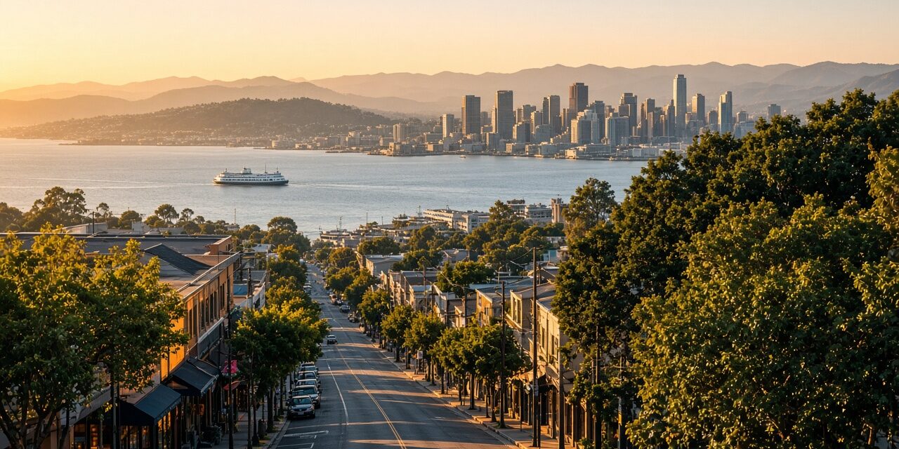 central-lonsdale-north-vancouver Golden-hour view down Lonsdale Avenue toward the harbour and downtown Vancouver skyline