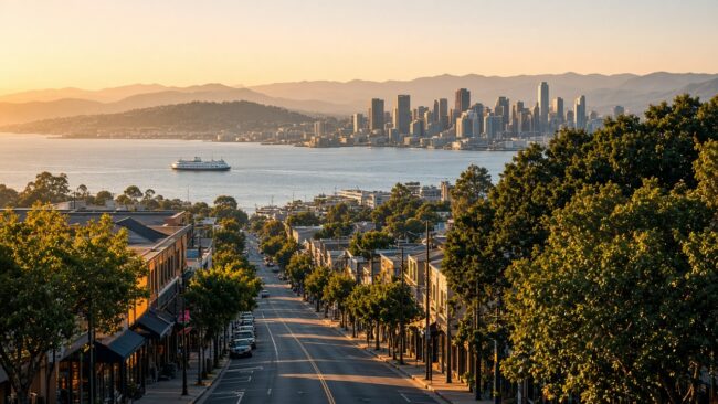 Golden-hour view down Lonsdale Avenue toward the harbour and downtown Vancouver skyline