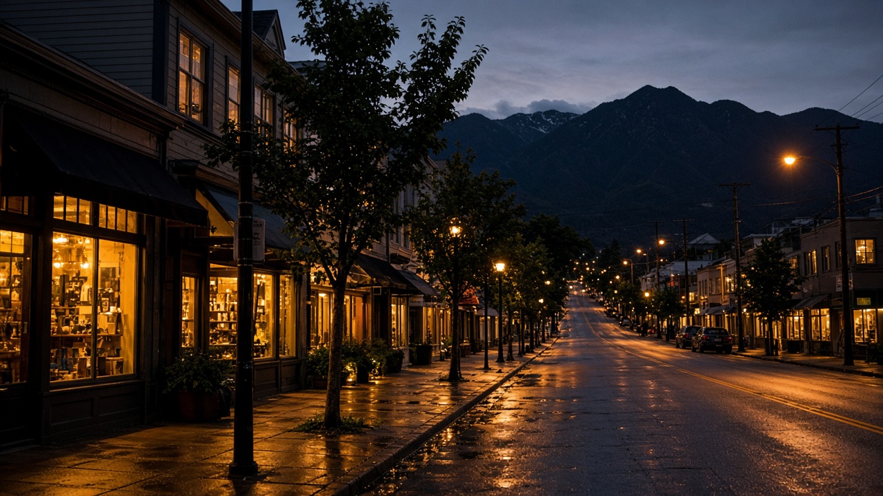 Lonsdale Avenue storefronts at dusk in Central Lonsdale, North Vancouver, near the Affinity Cannabis store