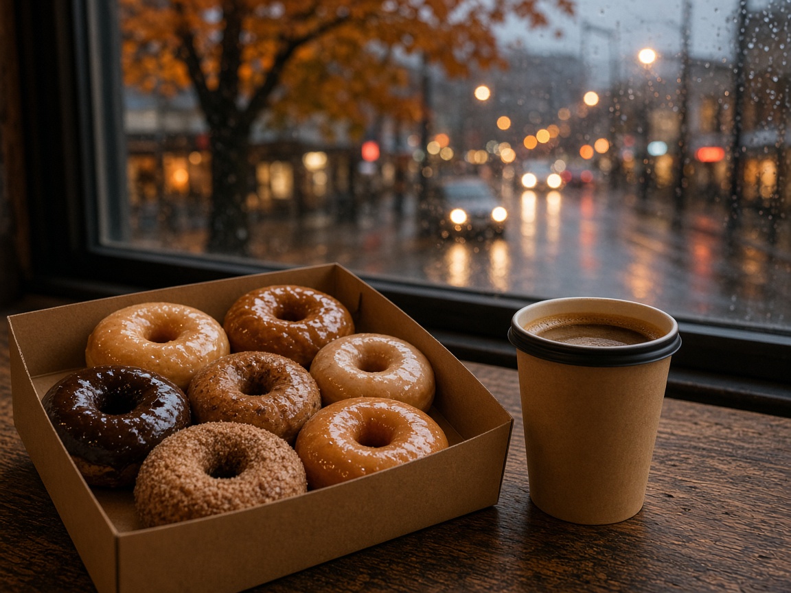 Box of glazed donuts and a cup of coffee on a table by a rainy caf&eacute; window in East Vancouver in autumn