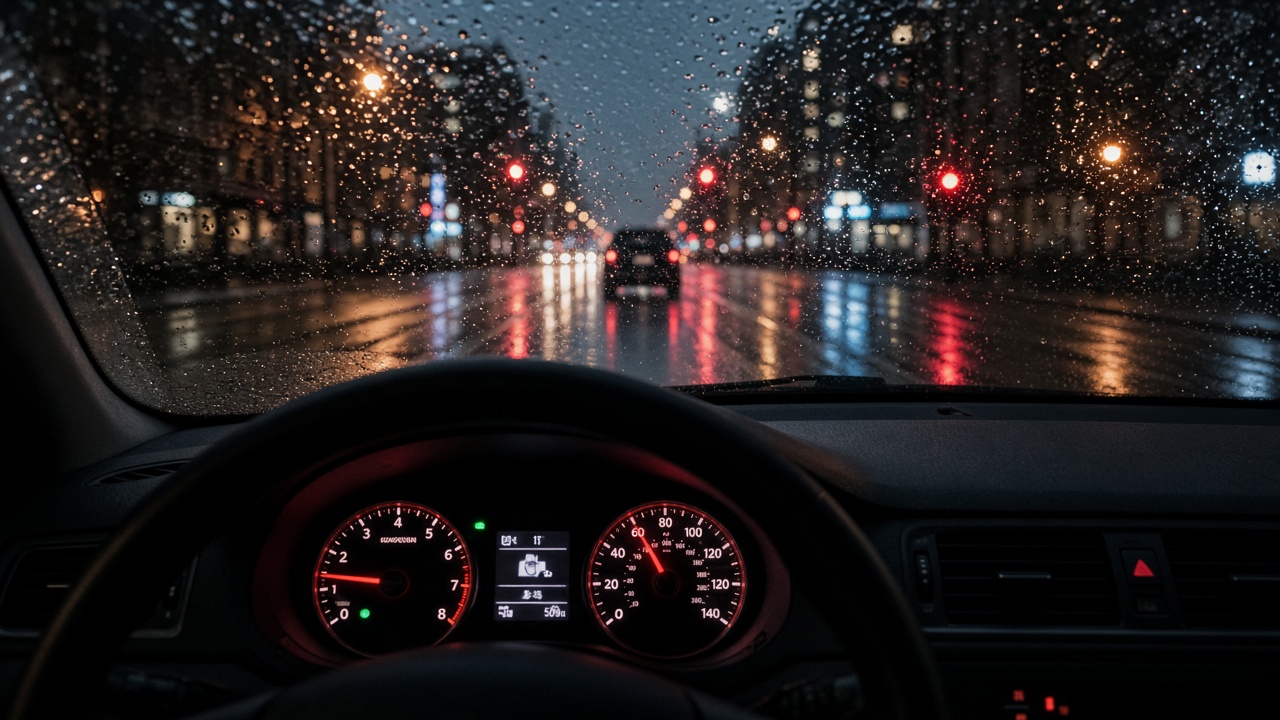 Car dashboard and steering wheel at night on a Vancouver street, for a section on BC cannabis and driving laws
