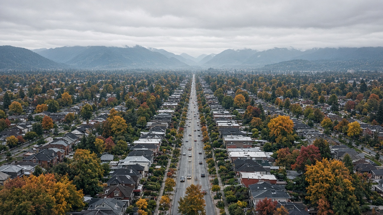 Tree-lined East Vancouver neighbourhood in fall colours with a long arterial street leading toward the North Shore mountains