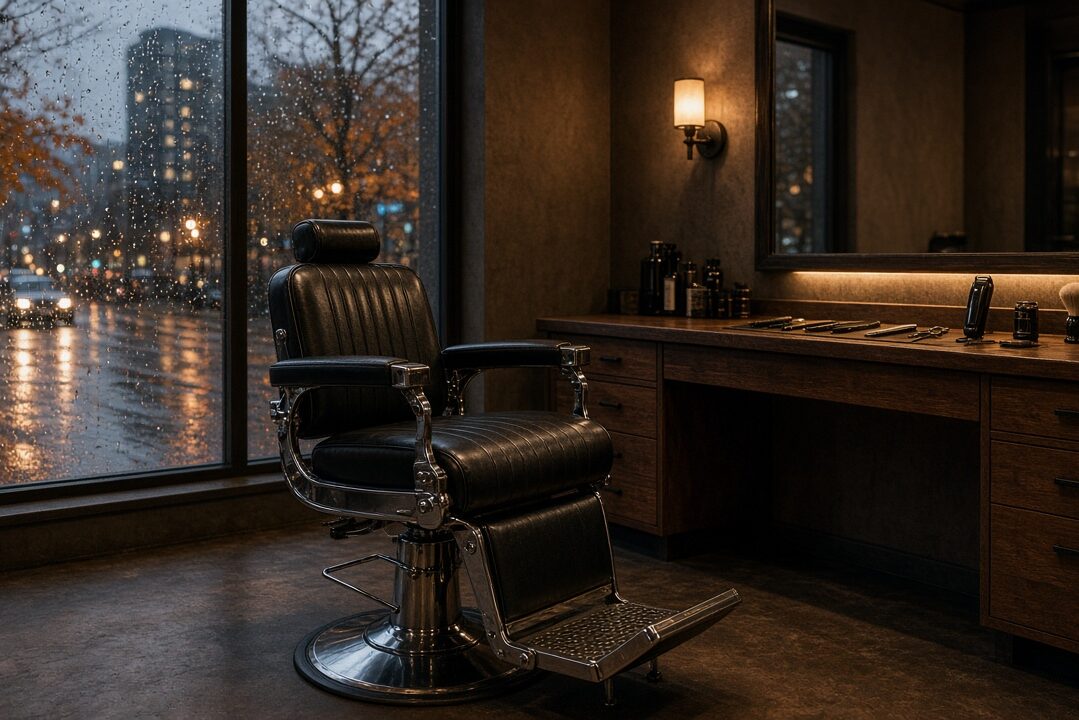 Empty barbershop with a black leather barber chair and warm lights beside a rain-streaked window on a Vancouver fall evening
