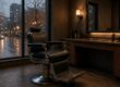Empty barbershop with a black leather barber chair and warm lights beside a rain-streaked window on a Vancouver fall evening