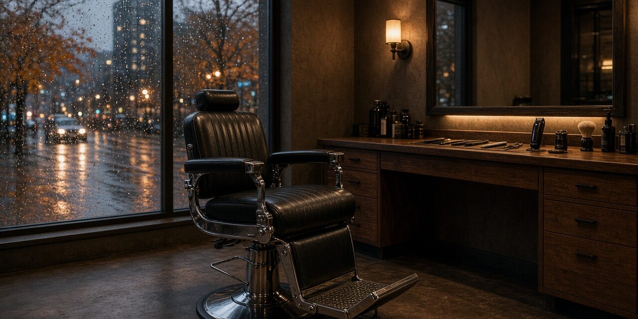 Empty barbershop with a black leather barber chair and warm lights beside a rain-streaked window on a Vancouver fall evening