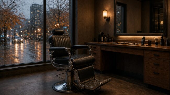 Empty barbershop with a black leather barber chair and warm lights beside a rain-streaked window on a Vancouver fall evening