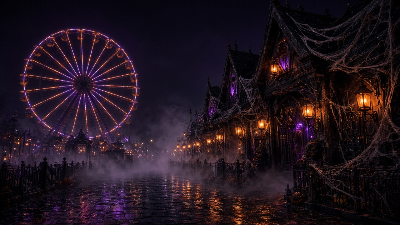 Foggy Halloween midway with a purple-lit Ferris wheel and haunted house at night