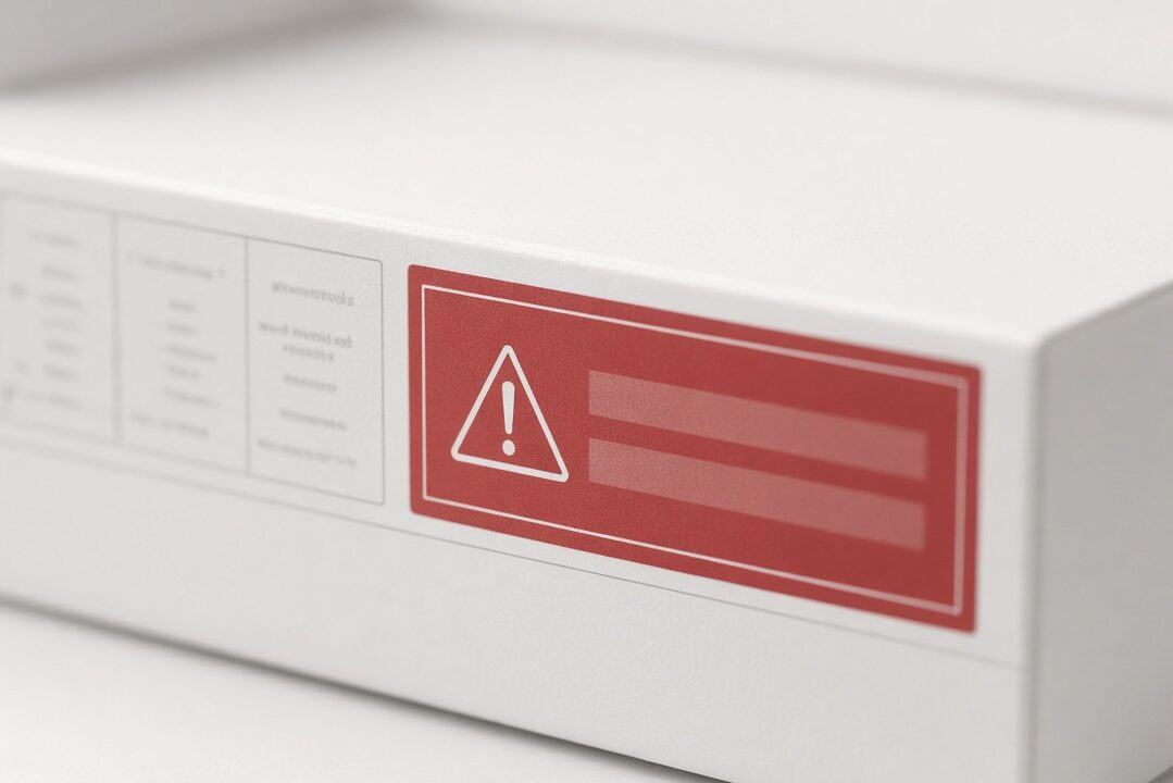 Close-up of a product package label with a red warning panel