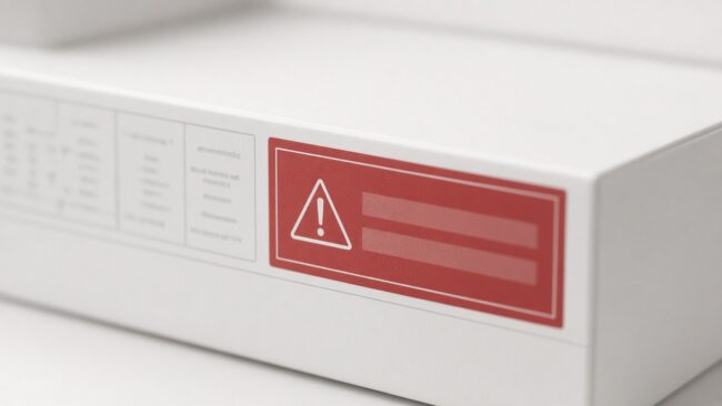 Close-up of a product package label with a red warning panel