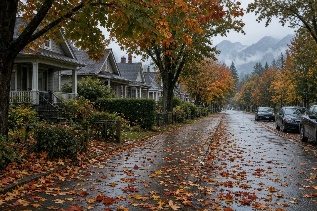 Rain-soaked East Vancouver residential street covered in autumn maple leaves with misty mountains, near Knight and 41st