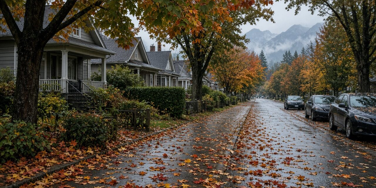 Rain-soaked East Vancouver residential street covered in autumn maple leaves with misty mountains, near Knight and 41st