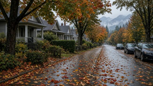 Rain-soaked East Vancouver residential street covered in autumn maple leaves with misty mountains, near Knight and 41st