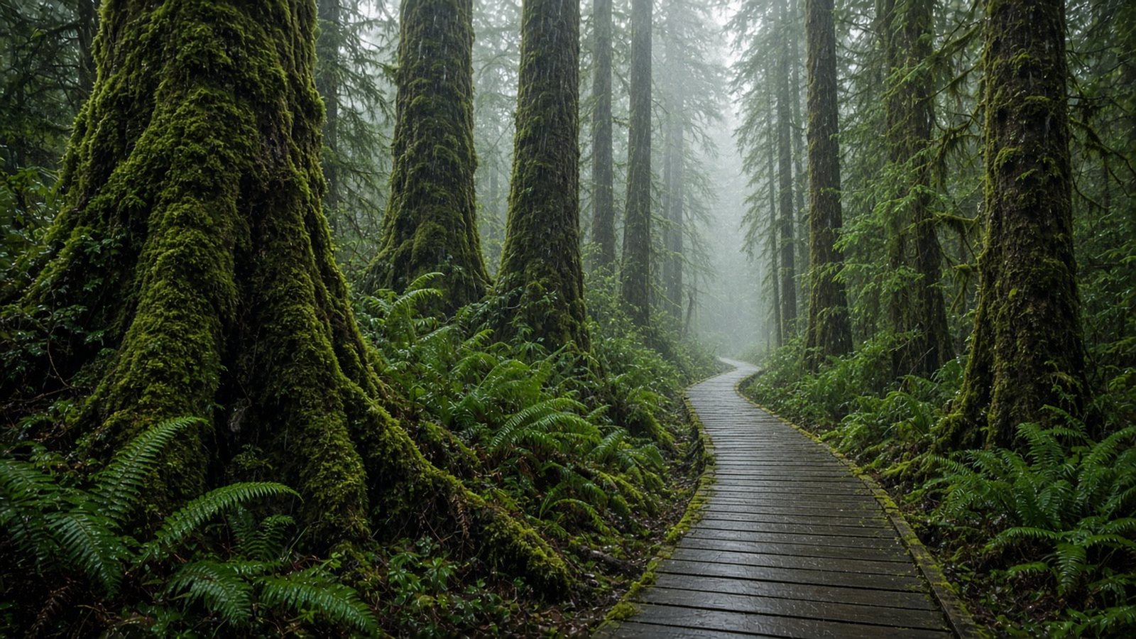 Misty North Shore rainforest trail with moss-covered cedars in light rain near Lynn Canyon, North Vancouver