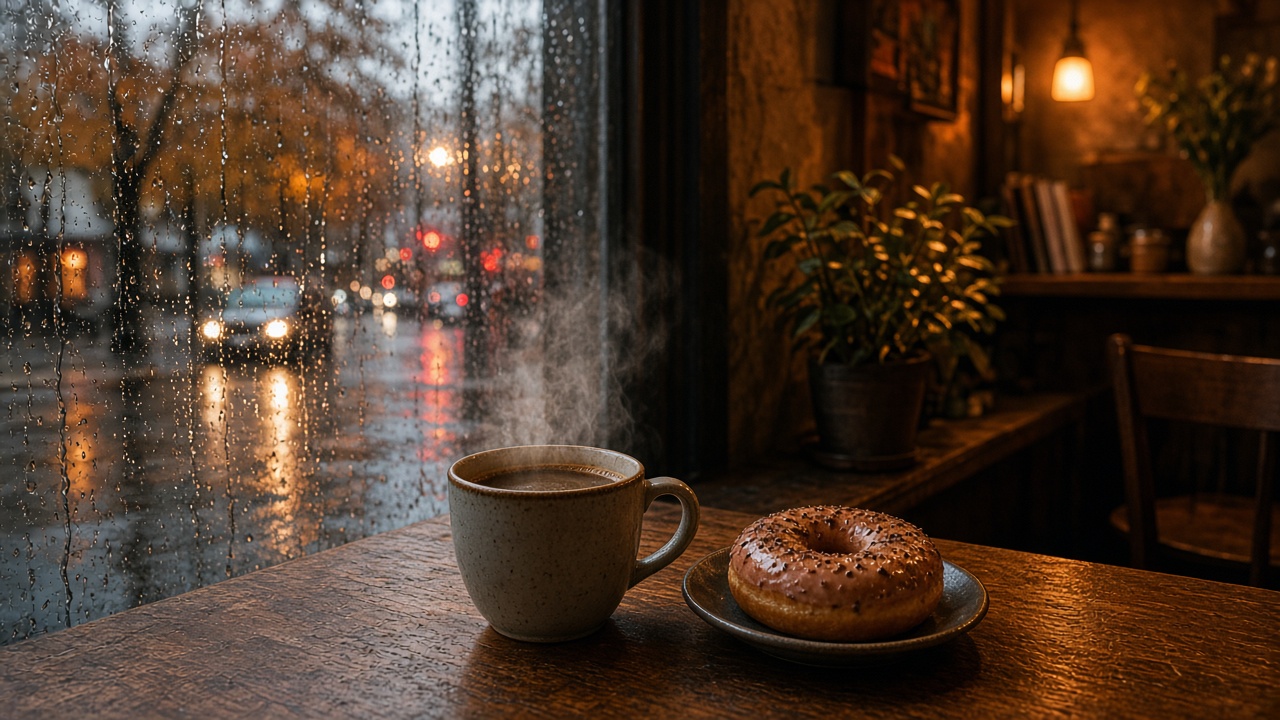 Coffee and a donut by a rain-streaked cafe window on a fall evening in East Vancouver
