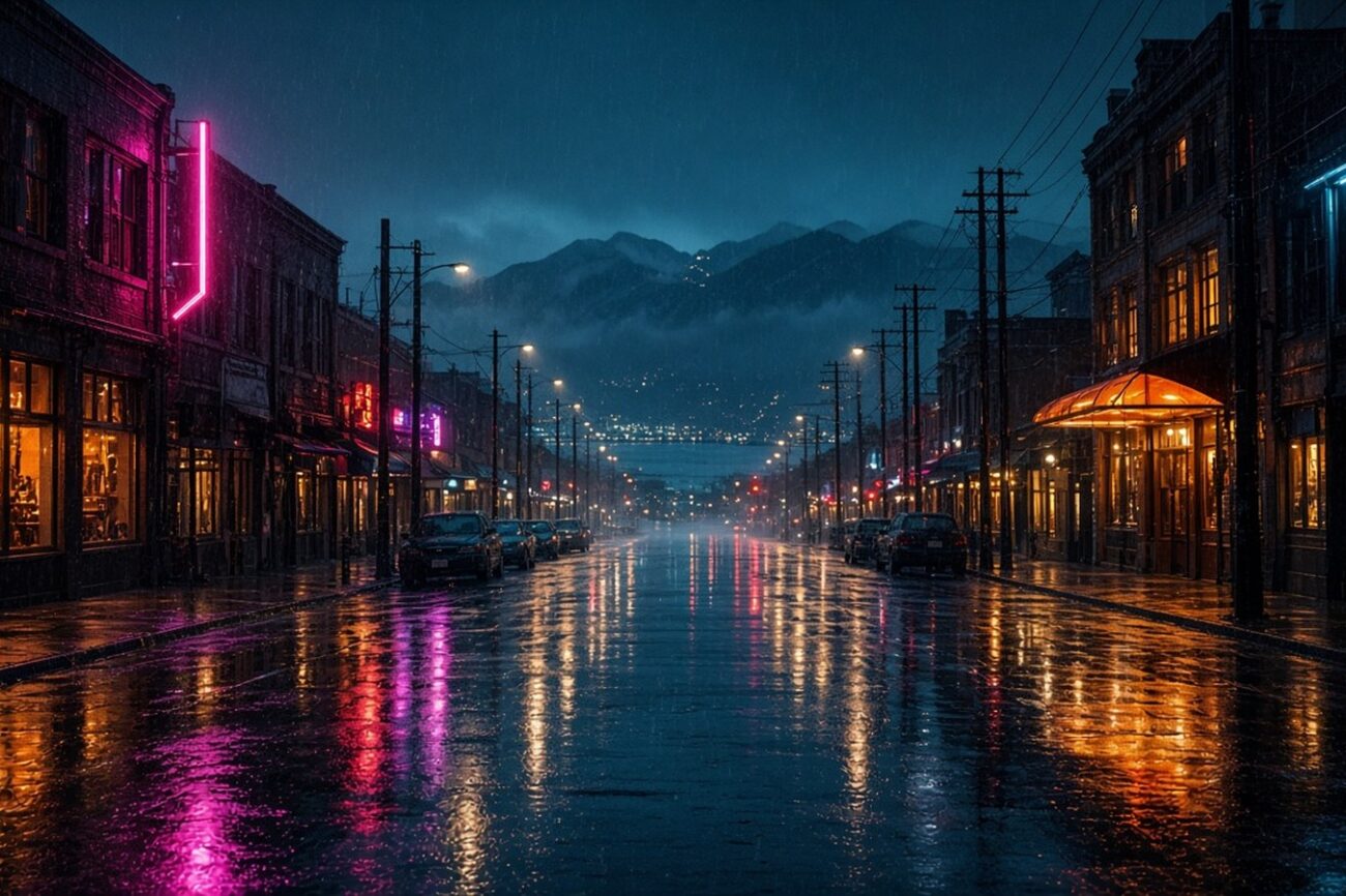 Rainy day things to do in Vancouver: glowing city lights and wet streets on a misty fall evening