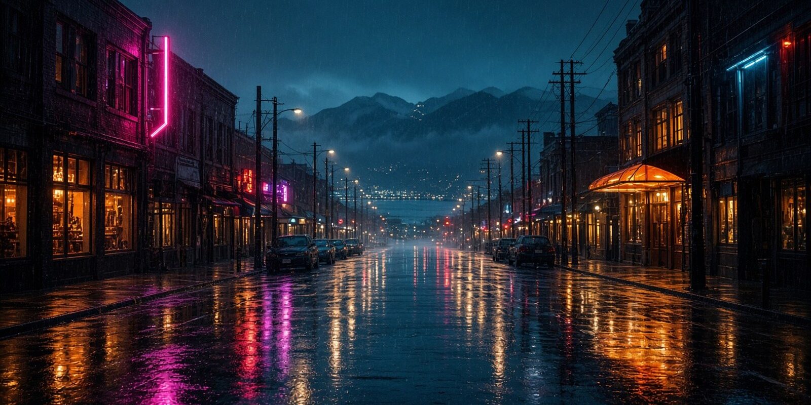 Rainy day things to do in Vancouver: glowing city lights and wet streets on a misty fall evening
