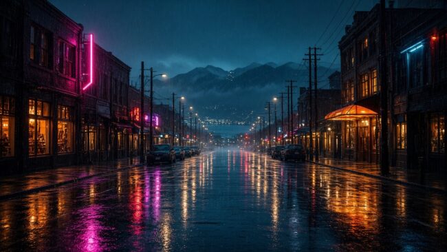 Rainy day things to do in Vancouver: glowing city lights and wet streets on a misty fall evening