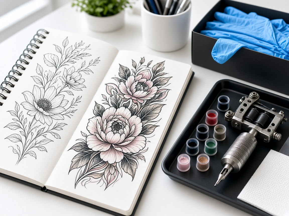 Open sketchbook with fine line floral tattoo designs beside a tattoo machine, ink caps and gloves in a clean studio