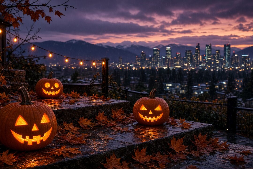 Jack-o'-lanterns glowing in front of a Vancouver-style city skyline at night for Halloween week