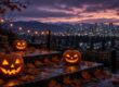 Jack-o'-lanterns glowing in front of a Vancouver-style city skyline at night for Halloween week
