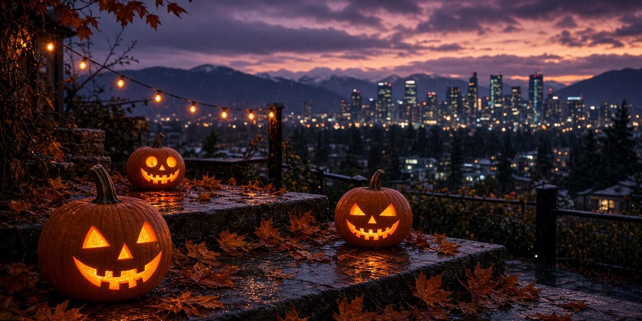 vancouver-halloween-week-2026 Jack-o'-lanterns glowing in front of a Vancouver-style city skyline at night for Halloween week