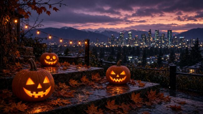 Jack-o'-lanterns glowing in front of a Vancouver-style city skyline at night for Halloween week