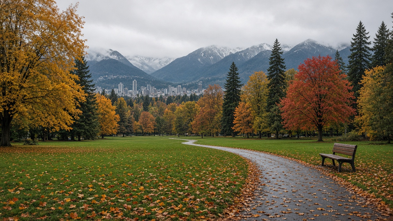 Vancouver park in autumn with golden and red trees, a leaf-covered path and mountain views near Knight and 41st