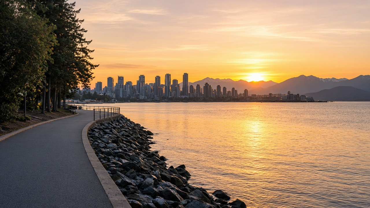 Vancouver seawall at sunset with calm water and city skyline, illustrating a guide to BC cannabis laws