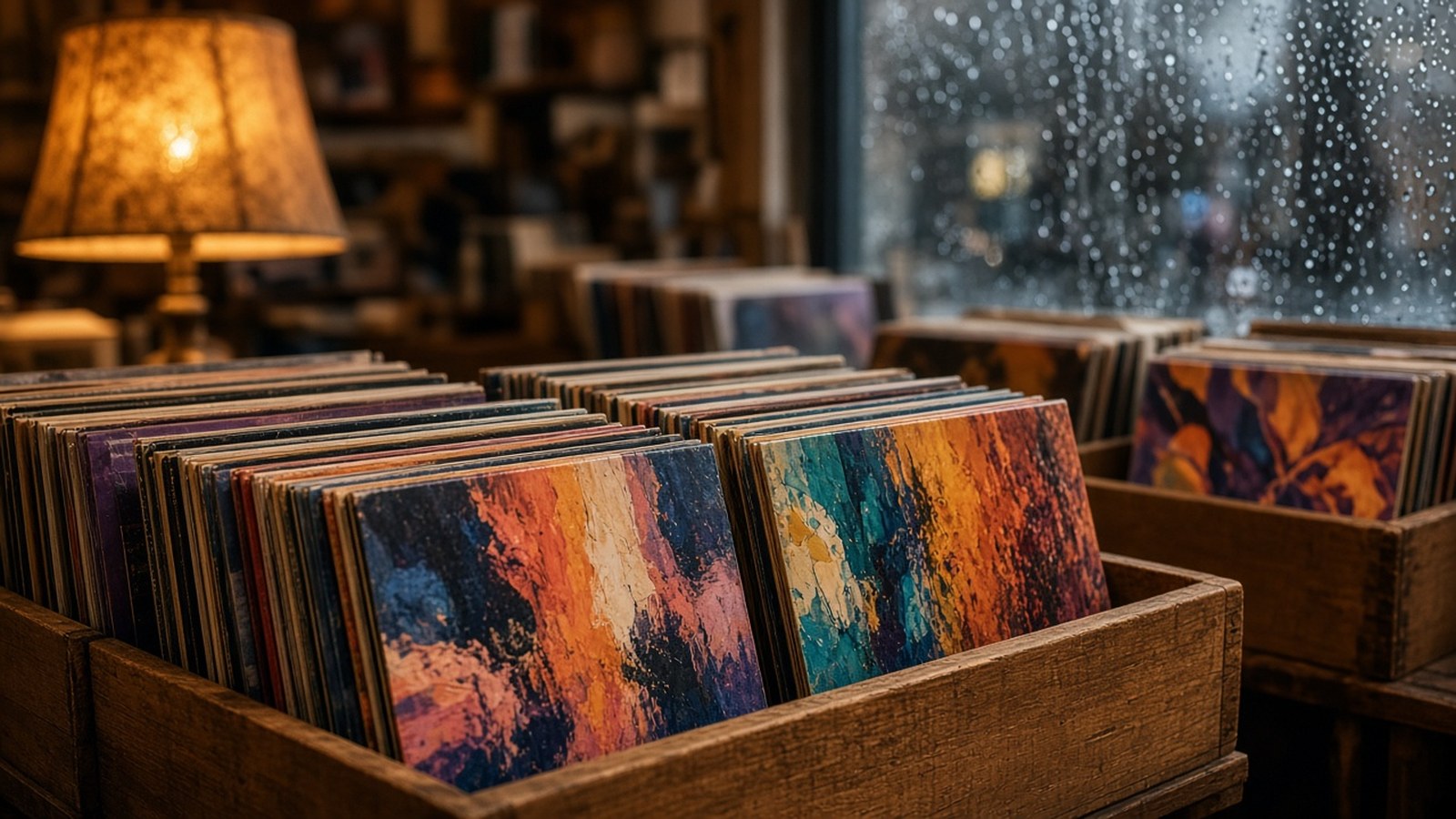 Close-up of vinyl records in wooden bins at a cozy independent record shop on a rainy day in Vancouver